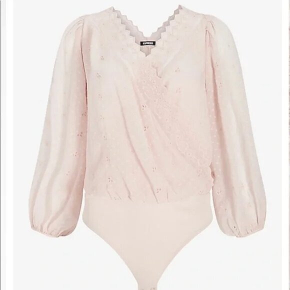 Express Surplice Blush Pink Eyelet Lace Wrap Long Sleeve Bodysuit Top - Picture 3 of 13